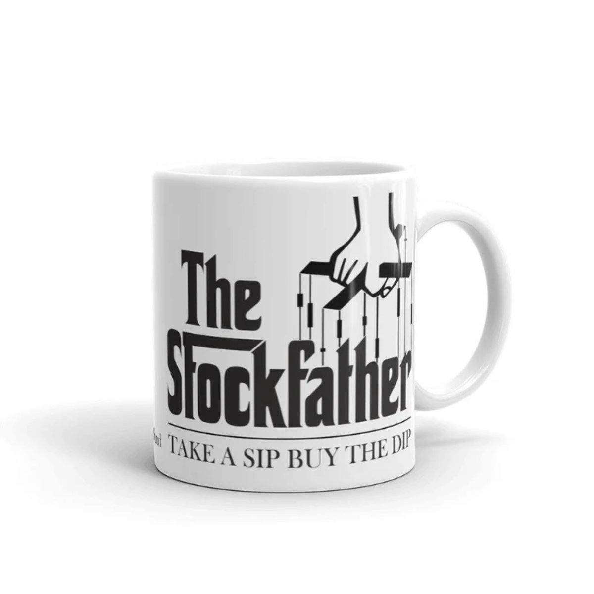 Diese Tasse zeigt dir das Wort Stockfather, den Spruch Take a sip buy the dip inklusive 10 Regeln zum investieren.