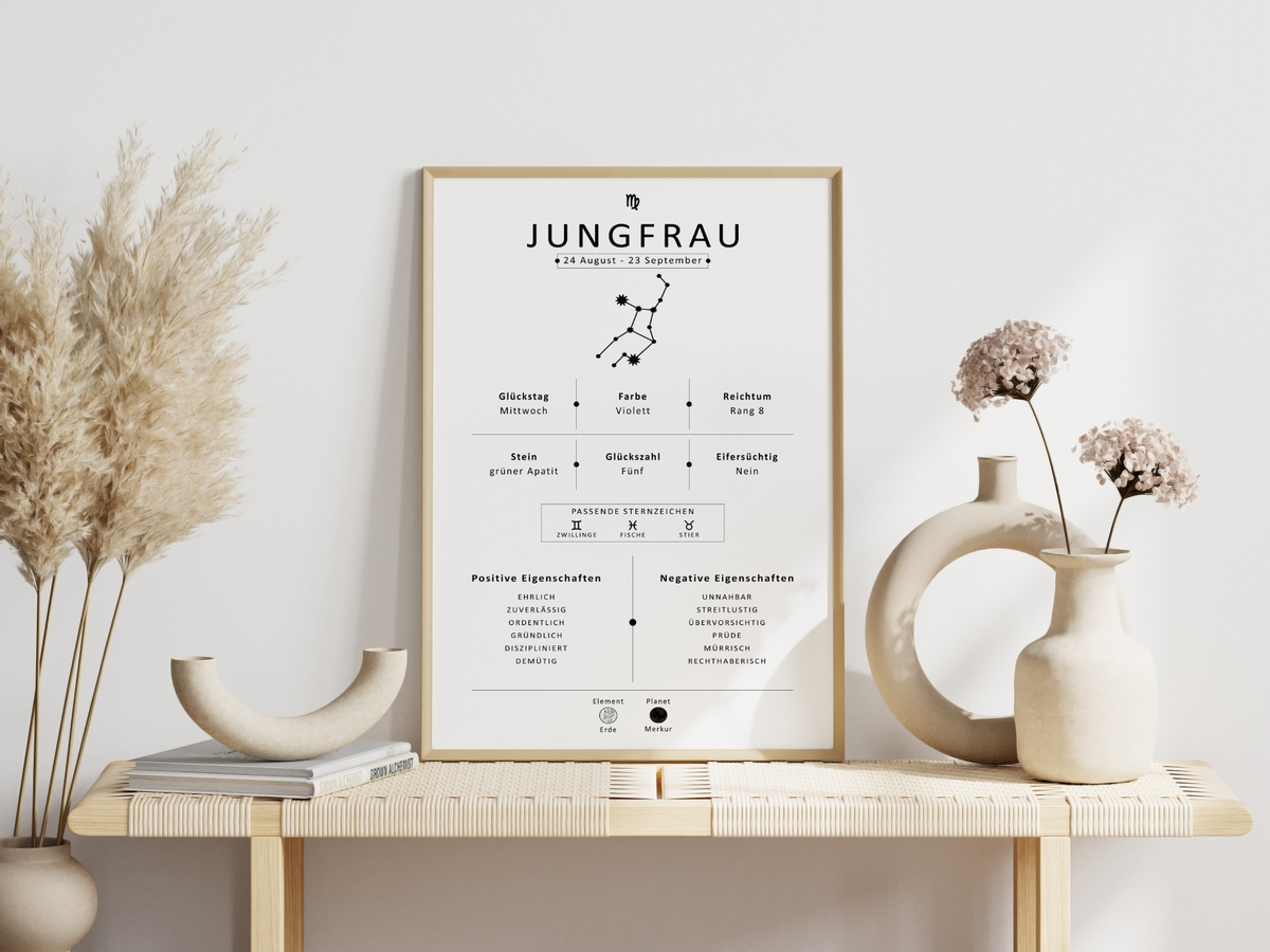 Dieses Bild zeigt dir das Sternzeichen Jungfrau mit Symbol, Glückszahl, Planeten, positiven und negativen Eigenschaften, den zu dir passenden Sternzeichen und vieles mehr.
