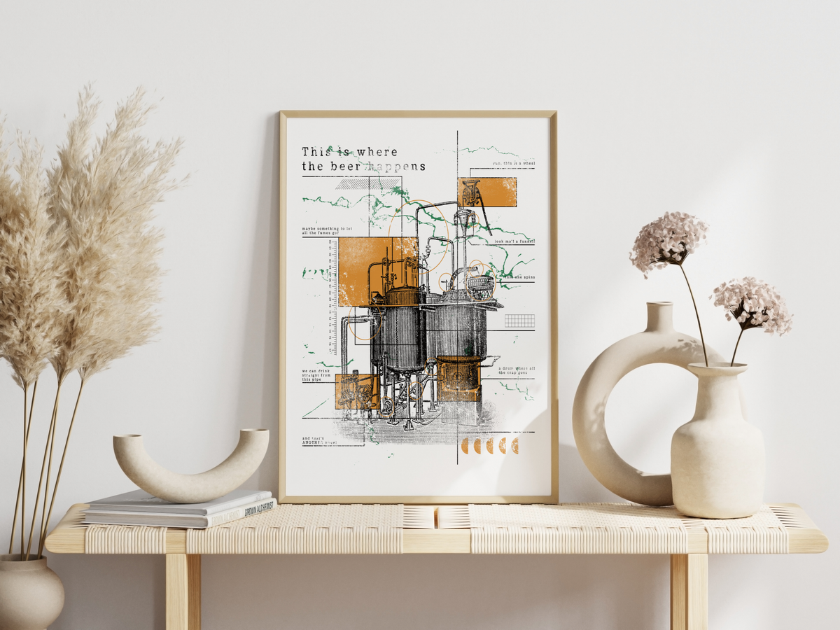 Das Poster zeigt eine fiktive technische Zeichnung einer Bier Brauanlage.