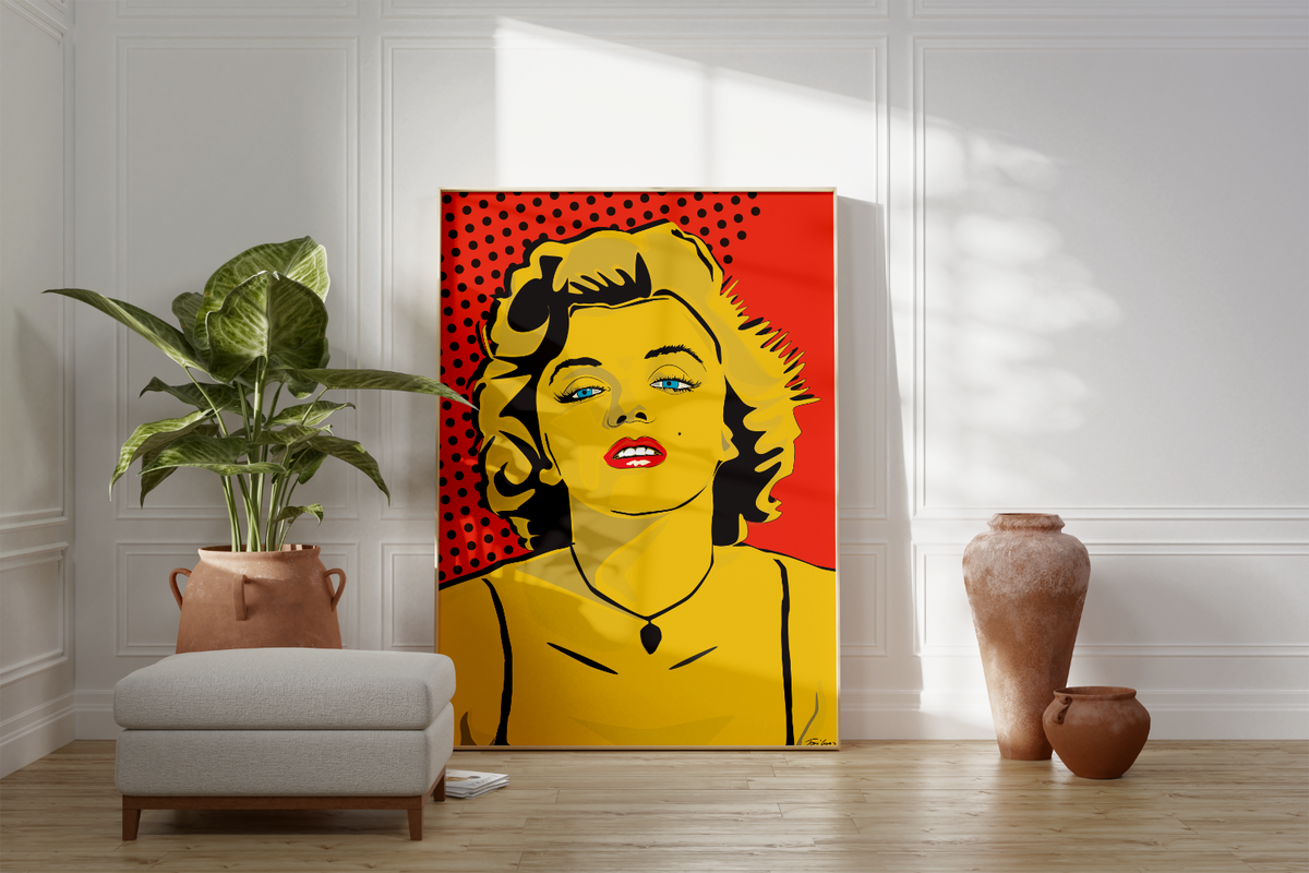 Das Poster zeigt die berühmte Schauspielerin und Sexsymbol der 50er Jahre Marilyn Monroe im modernen Pop Art Stil. 