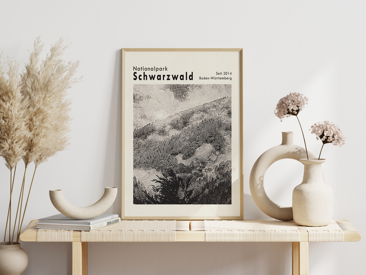 Dieses Poster zeigt eine Ansicht des Waldes im Nationalpark Schwarzwald, im Bundesland Baden-Württemberg.