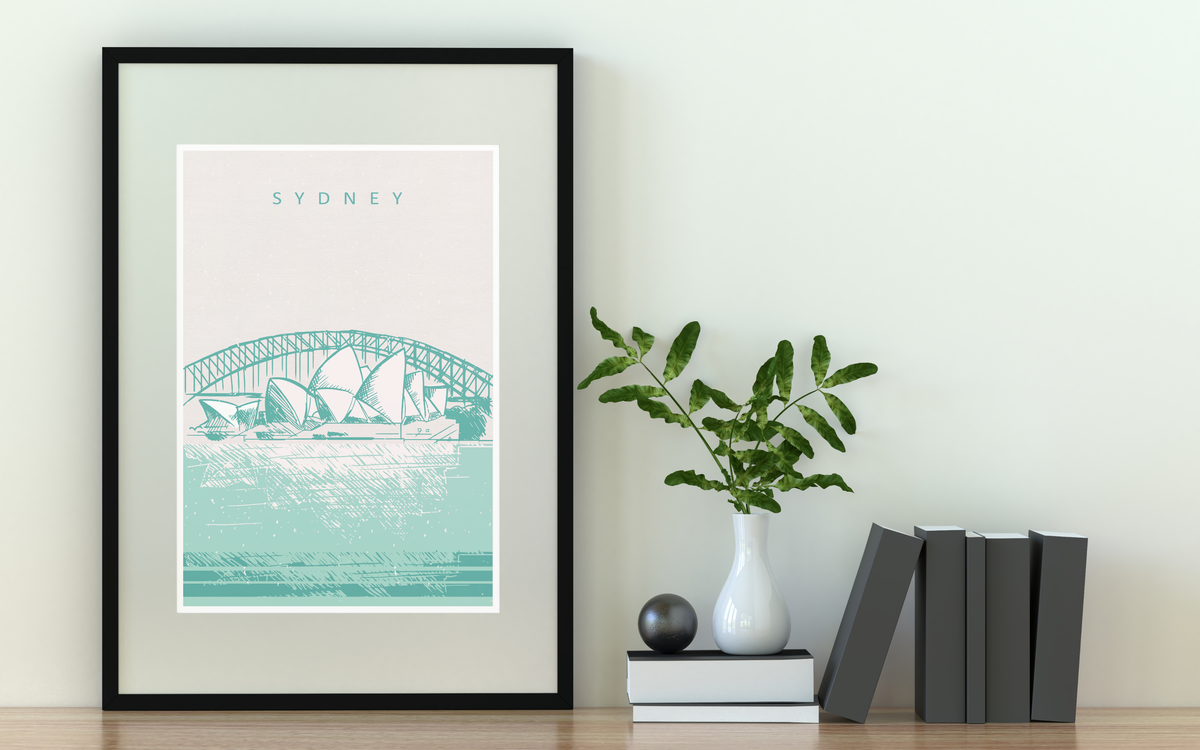 Das Poster zeigt dir eine gezeichnete Darstellung des Opernhauses in Sydney, Australien. 