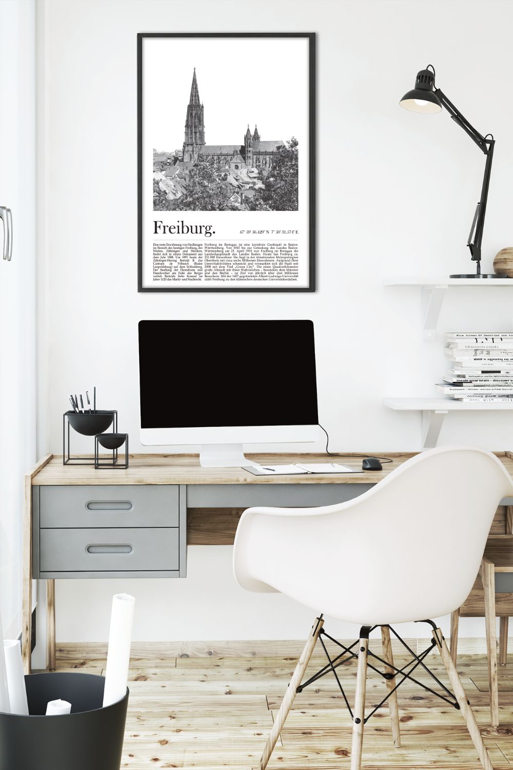 Dieses Poster zeigt dir eine Ansicht von Freiburg im Breisgau mit Blick in die Altstadt und auf den historischen Münster.