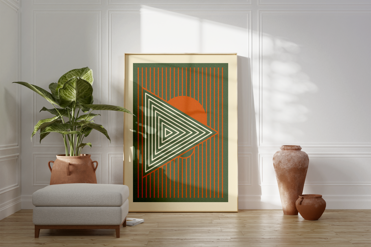 Das Poster im Stil des Bauhauses zeigt minimalistische, geometrische Darstellungen in den Farben Beige, Grün und Orange. 