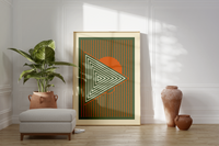 Das Poster im Stil des Bauhauses zeigt minimalistische, geometrische Darstellungen in den Farben Beige, Grün und Orange. 