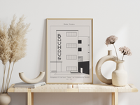 Dieses Bauhaus Poster zeigt dir eine Darstellung des Schulgebäude für die Kunst-, Design- und Architekturschule Bauhaus in Schwarz und Weiß,
