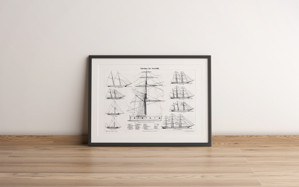 Das Poster zur Takelung eines Schiffes ist eine Vintage Lithographie aus Meyers Koversations-Lexikon aus dem Jahr 1890 im viktorianischen Stil.