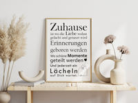 Dieses Poster zeigt verschiedene Wörter und Sätze, die dein Zuhause beschreiben. Das perfekte Bild zum Umzug, Einzug oder als Geschenk zum Richtfest.