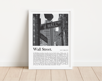 Dieses Aktienposter mit einem schwarz weiß Foto der Wall Street in New York, ist die perfekte Wanddeko für Büros von Aktionären, Wertpapierhändlern, Investoren, Vermögensberatern etc..