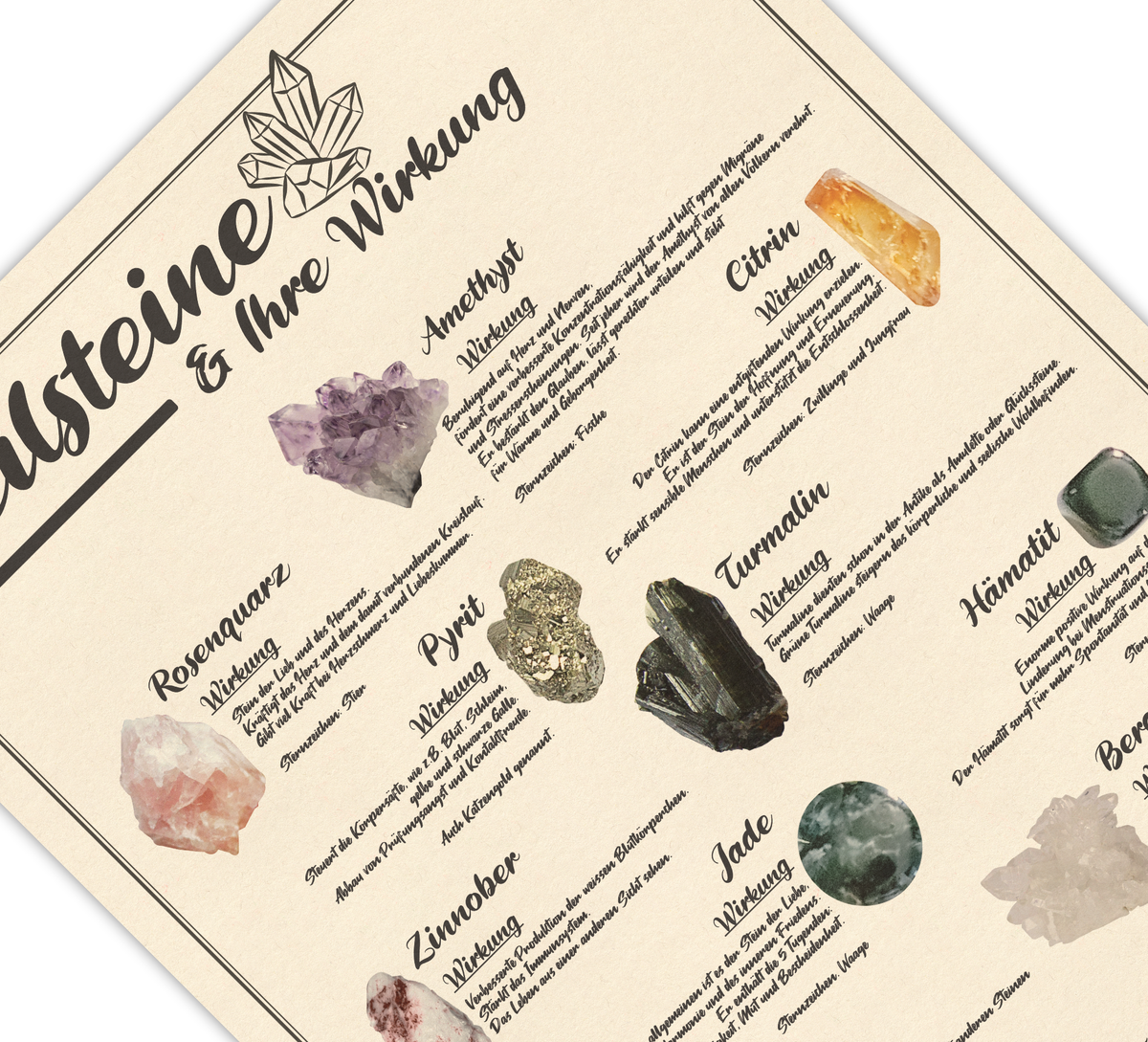 Edelstein-Poster: Heilsteine & ihre Wirkung – Fineart Druck auf 200 g/m² Premium-Papier. Beige Design, verschiedene Größen & Sonderformen erhältlich. 