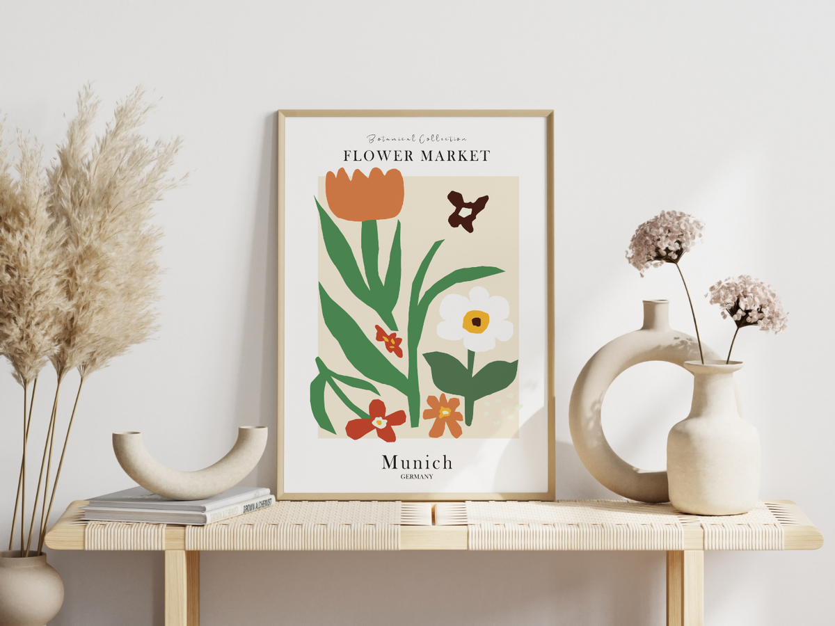 Das Poster ist ein fiktives Bild des Blumenmarktes in München, Deutschland.