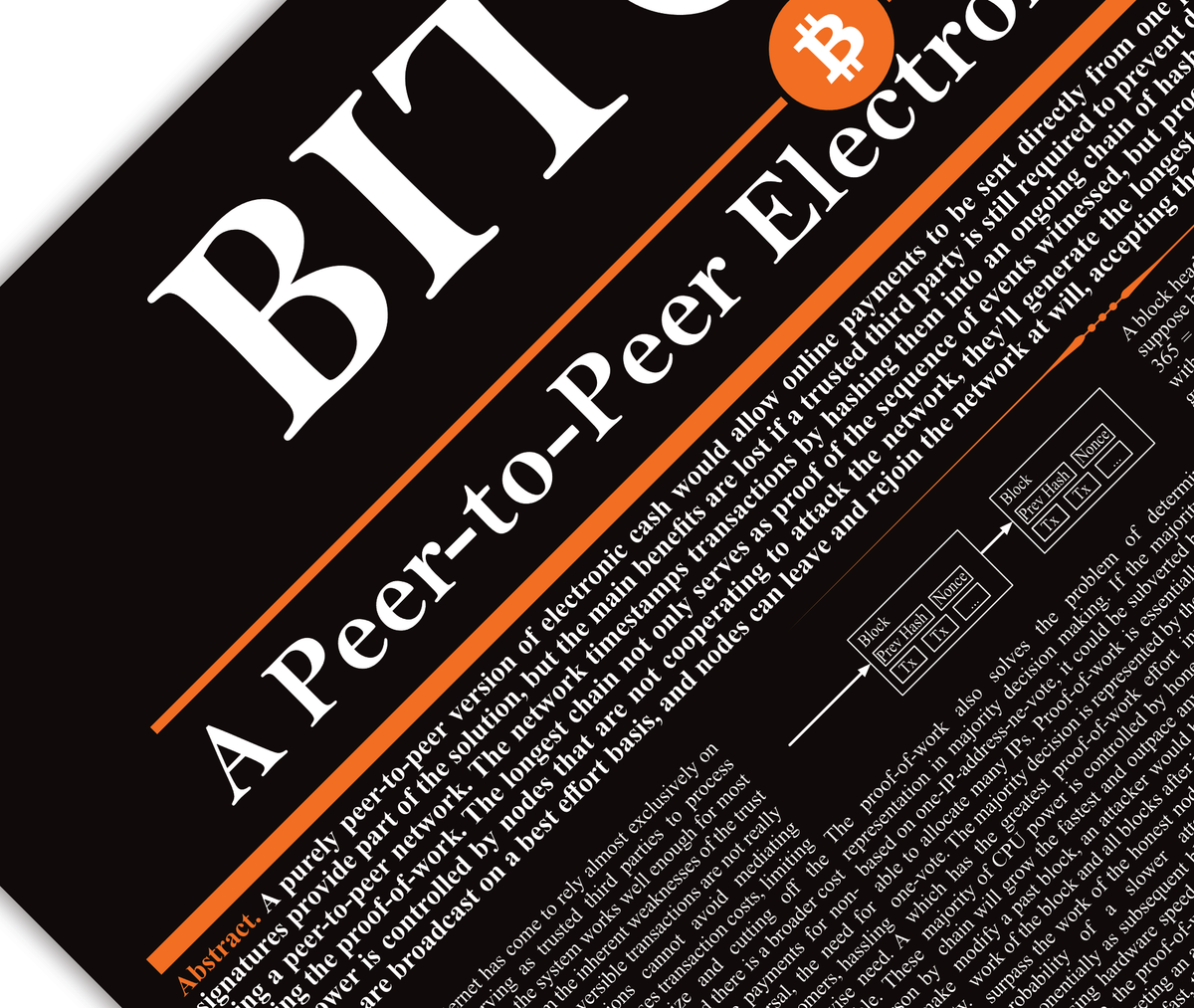 Bitcoin Whitepaper Poster mit dem originalen Whitepaper von Satoshi Nakamoto. Erhältlich in Schwarz oder Weiß.