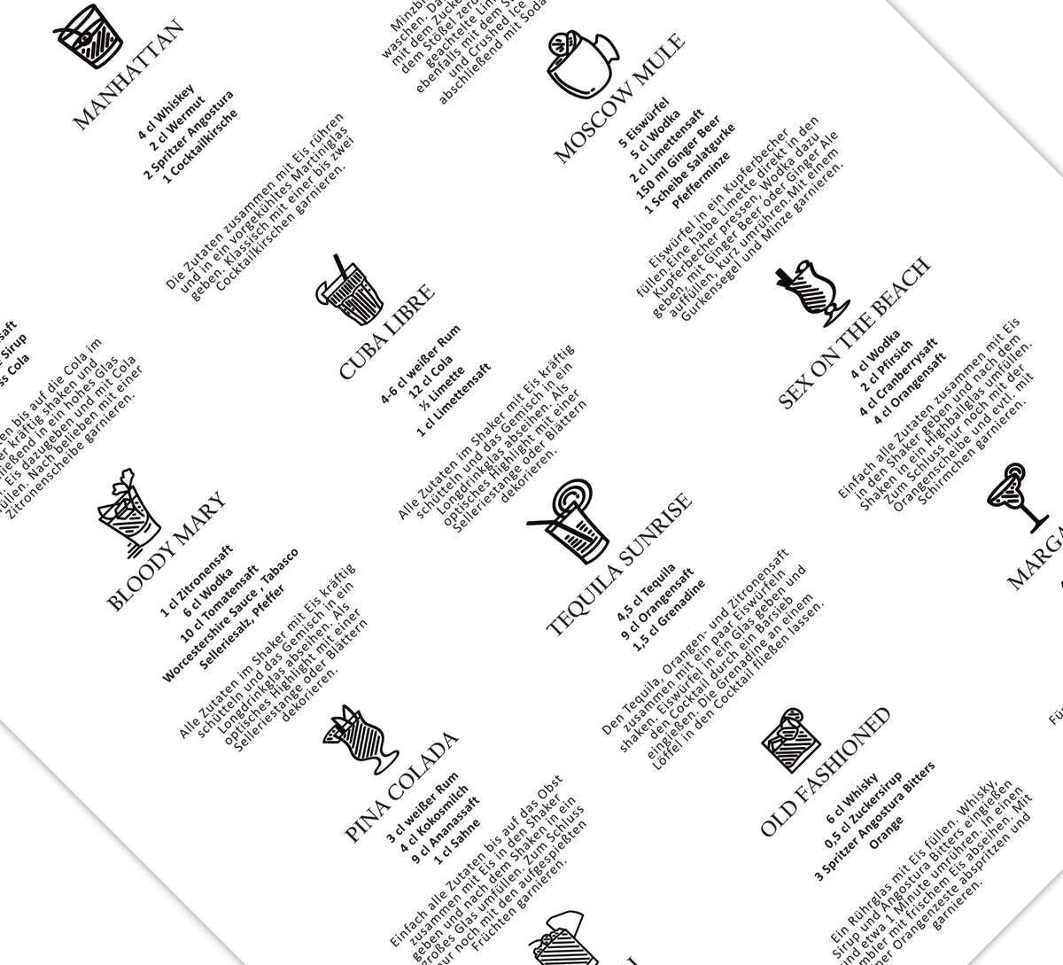 Das Poster für die Küche zeigt dir 12 verschiedene Cocktails mit Rezepten, Bildern und Anleitung zur Zubereitung. 