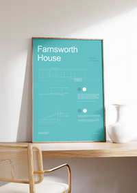 Das Architektur-Poster zeigt dir das Farnsworth House, ein Landhaus südlich der Stadt Plano in Illinois, das Mies van der Rohe zwischen 1945 und 1951 entworfen und errichtet hat. 