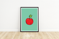 Dieses schöne Poster zeigt einen Apfel auf grünem Hintergrund im minimalistischen Stil. 
