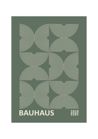 Das Bauhaus Poster zeigt dir geometrische Formen in Beige auf grünem Hintergrund. Das Poster ist einem Ausstellungsplakat von 1919 - 1923 nachempfunden, ist so aber nie erschienen. 