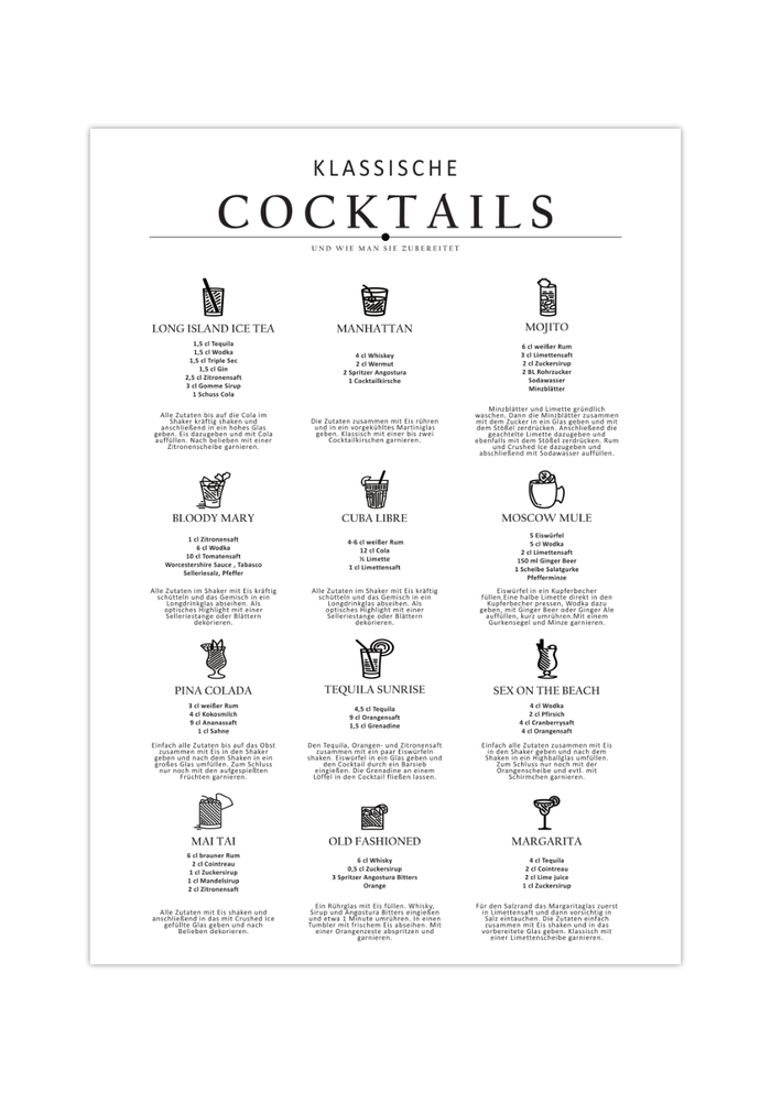 Dieses Poster für die Küche zeigt dir 12 verschiedene Cocktails mit Rezepten, Bildern und Anleitung zur Zubereitung. 