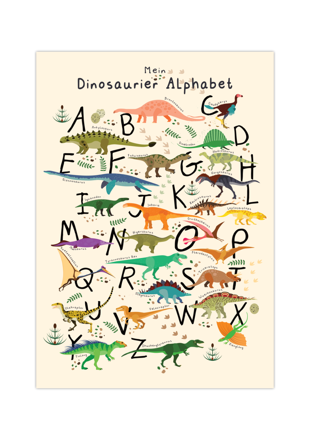 ABC Poster mit 24 niedlichen Dinosauriern in Beige, optional mit Name personalisierbar. Perfekt zur Einschulung! 🦕
