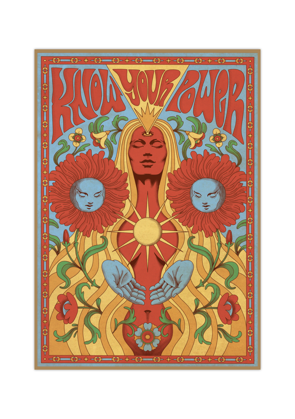 Hippie Poster – Vintage 70s Deco Retro Wandkunst mit inspirierendem Spruch "Woman, know your Power" in warmem Rot & Beige. Fineart Druck auf 200 g/m² Premium-Papier.
