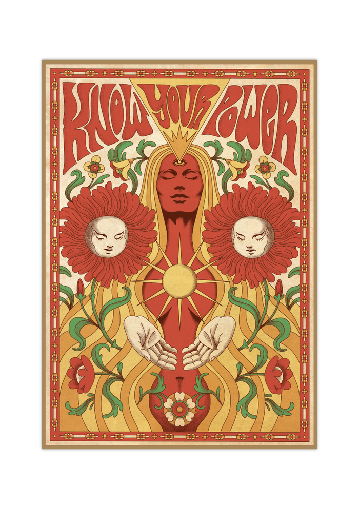 Hippie Poster – Vintage 70s Deco Retro Wandkunst mit inspirierendem Spruch "Woman, know your Power" in warmem Rot & Beige. Fineart Druck auf 200 g/m² Premium-Papier.