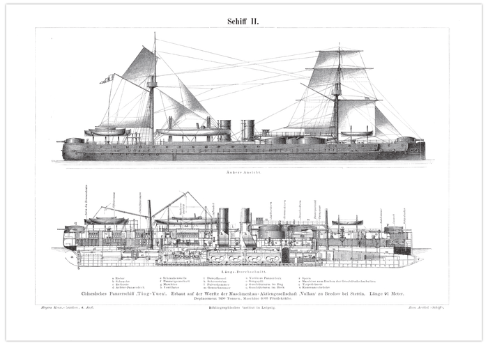 Das Poster eines Schiffes ist eine Vintage Lithographie aus Meyers Koversations-Lexikon aus dem Jahr 1890. 