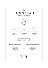 Dieses Bild zeigt dir das Sternzeichen Jungfrau mit Symbol, Glückszahl, Planeten, positiven und negativen Eigenschaften, den zu dir passenden Sternzeichen und vieles mehr.