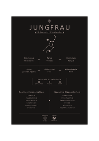 Dieses Bild zeigt dir das Sternzeichen Jungfrau mit Symbol, Glückszahl, Planeten, positiven und negativen Eigenschaften, den zu dir passenden Sternzeichen und vieles mehr.