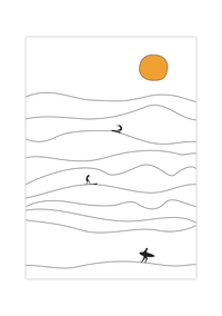 Dieses **Surf Poster** zeigt minimalistische **Wellen, Surfer & Sonne** – perfekt für Strand-Vibes zuhause! **Fineart-Druck** auf 200 g/m² Premium-Papier, erhältlich in verschiedenen Größen.