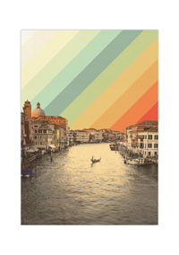 Dieses Poster zeigt ein Foto eines Kanals in Venedig, Italien. Das Poster im Vintagedesign hat als Hintergrund einen Regenbogen.