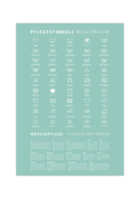 Das minimalistische schwarz/weiß Poster zeigt die verschiedenen Waschsymbole und Pflegesymbole, die dir beim Waschen der Kleidung begegnen. 