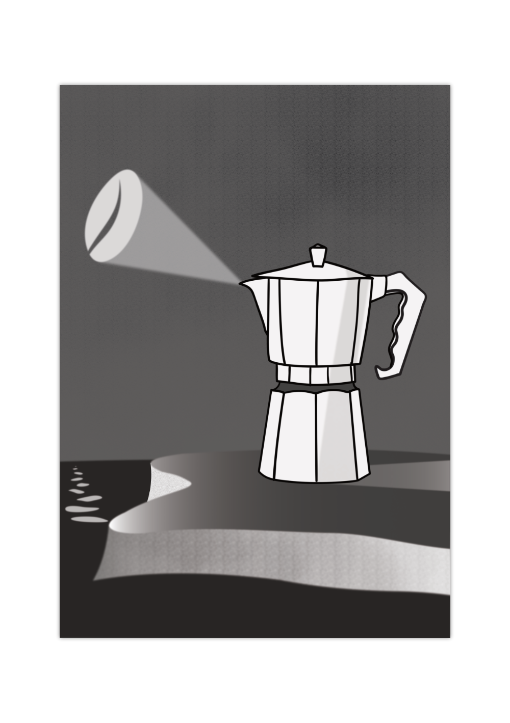 Dieses schöne Poster zeigt eine Espressokocher dargestellt als Leuchtturm auf einer Küste, inklusive Kaffeebohne als Licht am Himmel. 