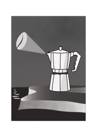 Dieses schöne Poster zeigt eine Espressokocher dargestellt als Leuchtturm auf einer Küste, inklusive Kaffeebohne als Licht am Himmel. 