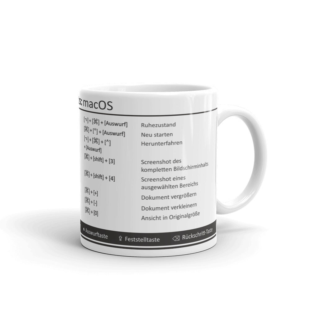 Diese Tasse mit MacOS Shortcuts erleichtert den Arbeitsalltag aller Apple Nutzer. 